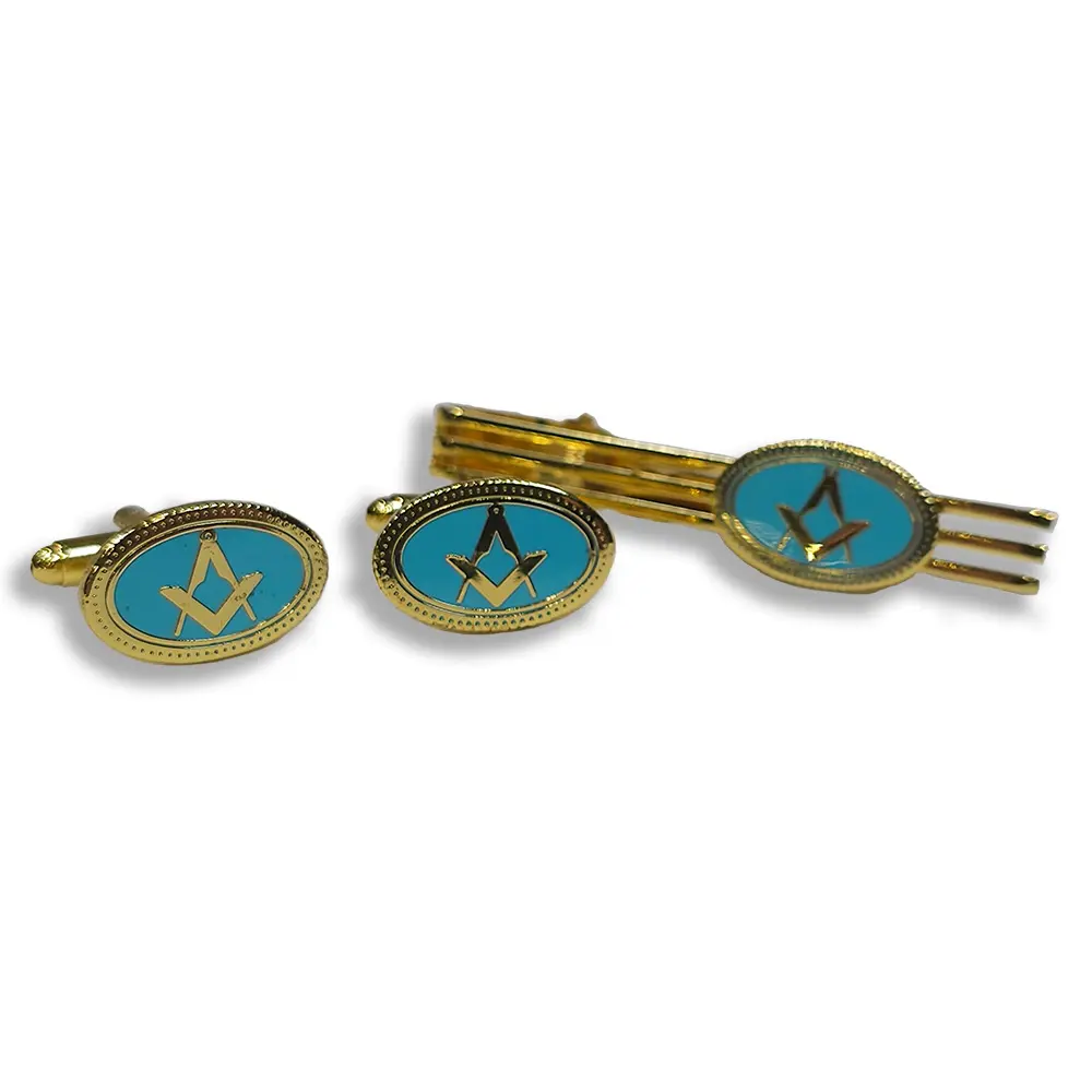 Cufflink and Tie retainer set - Light Blue oval square & Compass