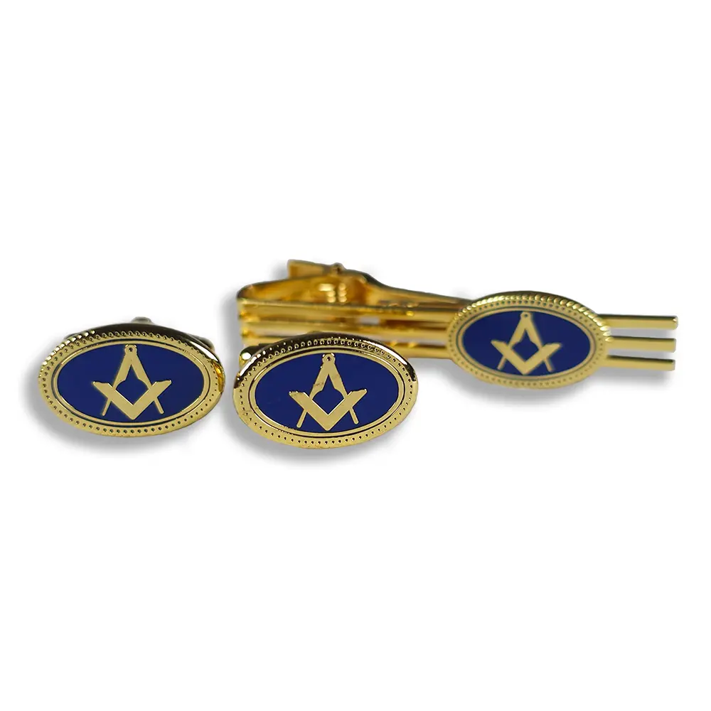 Cufflink and Tie retainer set - Royal Blue oval square & Compass