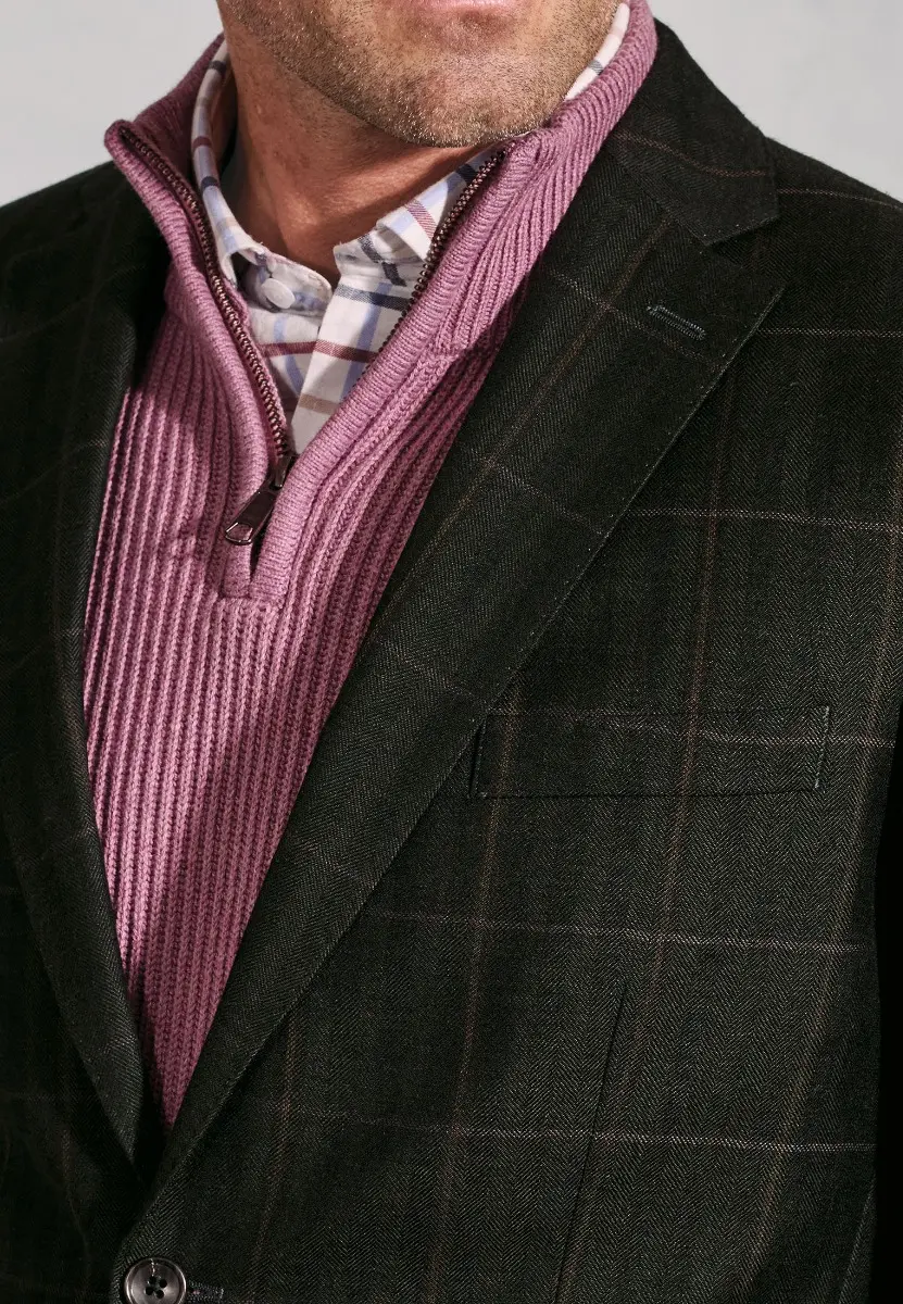 Regular Fit Bale Olive Check Wool Linen Jacket - British Fabric - Image 2