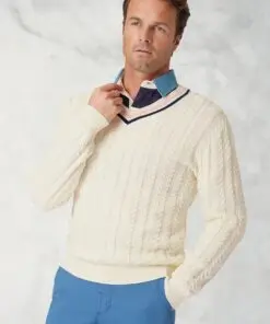Benjamin Ecru Cotton V-Neck Cricket Style Jumper