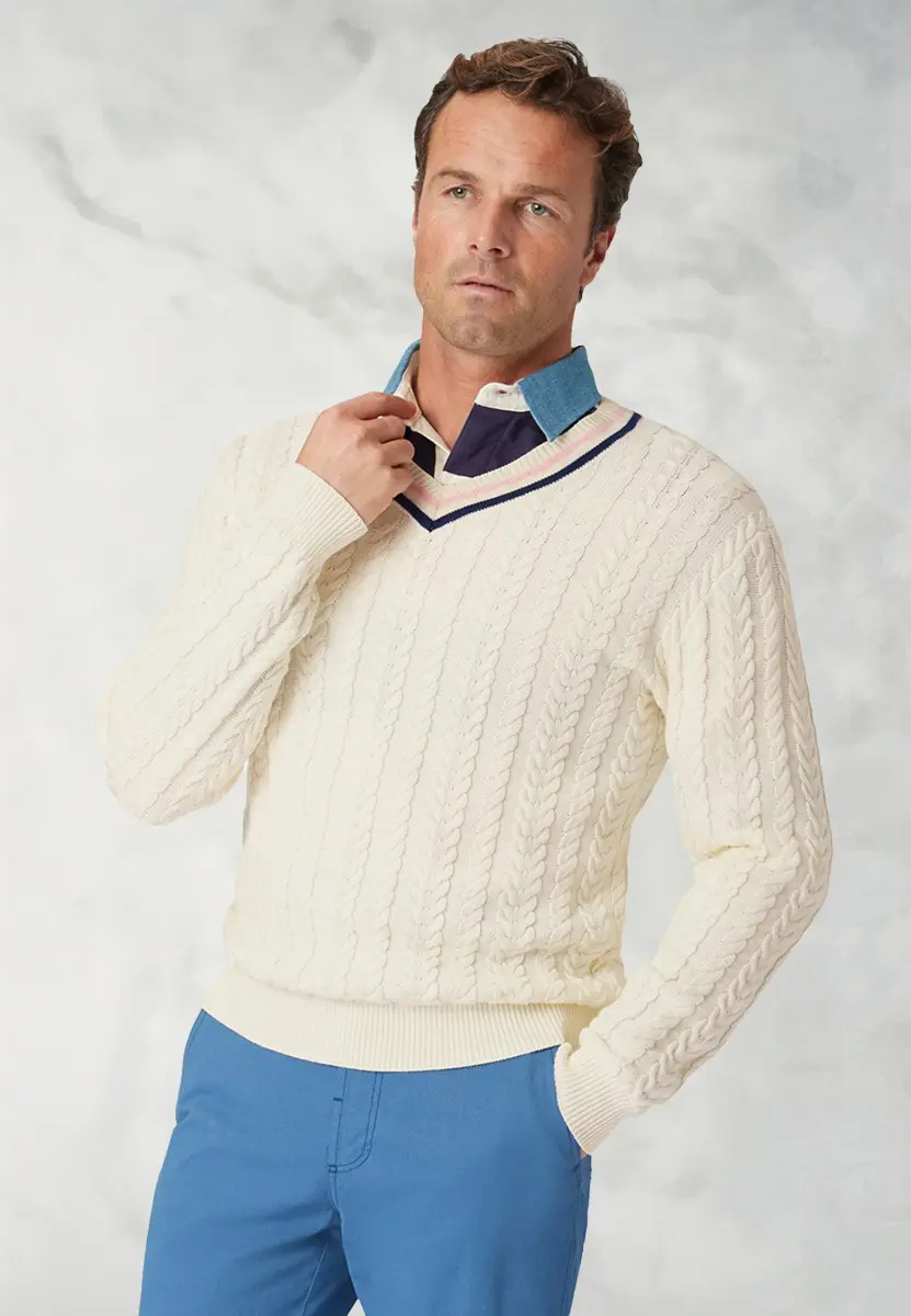 Benjamin Ecru Cotton V-Neck Cricket Style Jumper