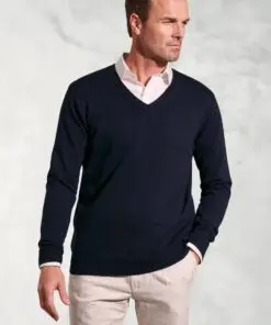 Berlin Navy Cotton Merino V-Neck Jumper