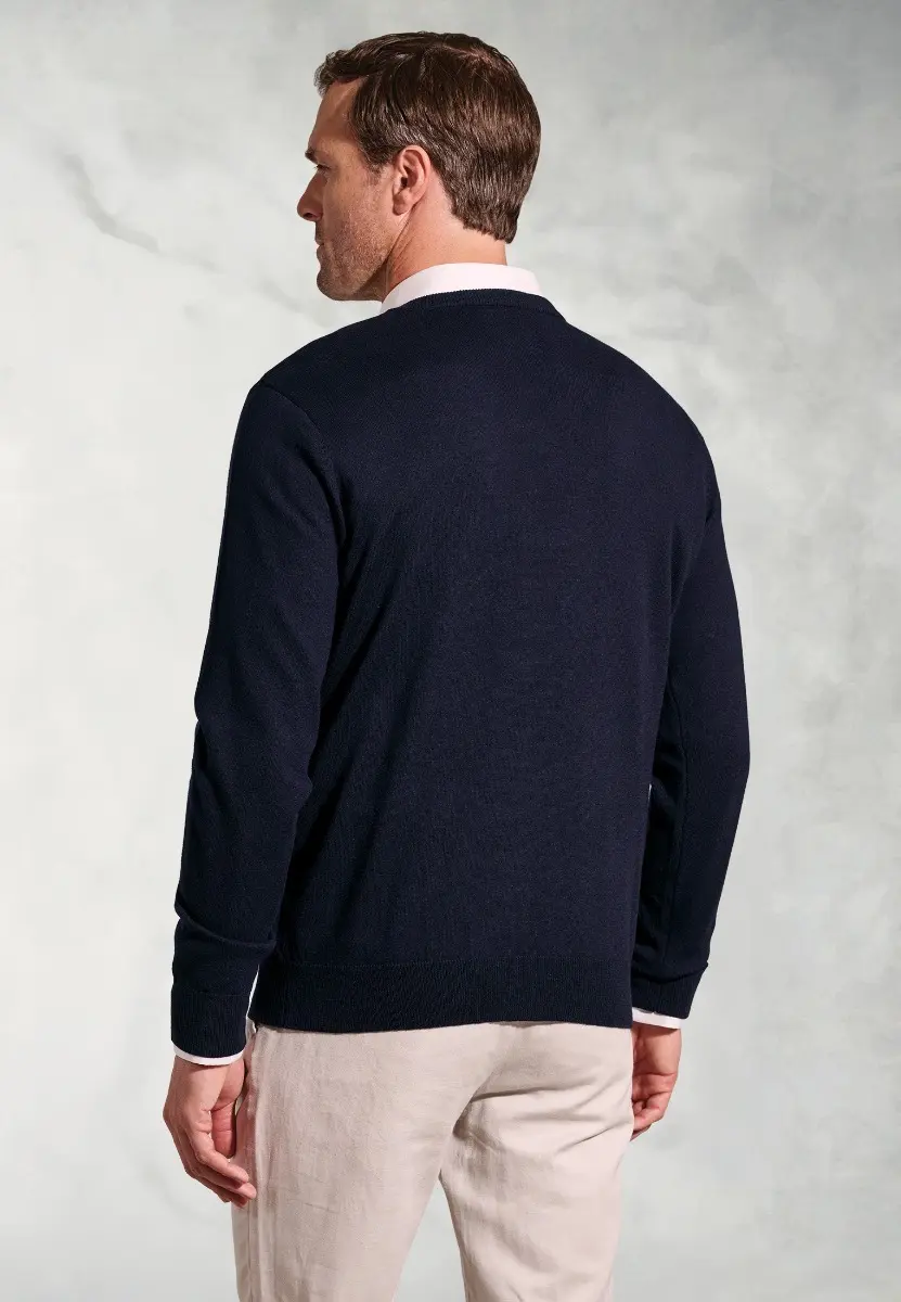 Berlin Navy Cotton Merino V-Neck Jumper - Image 2