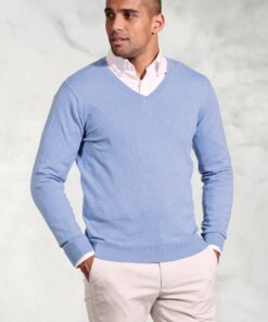 Berlin Sky Blue Cotton Merino V-Neck Jumper