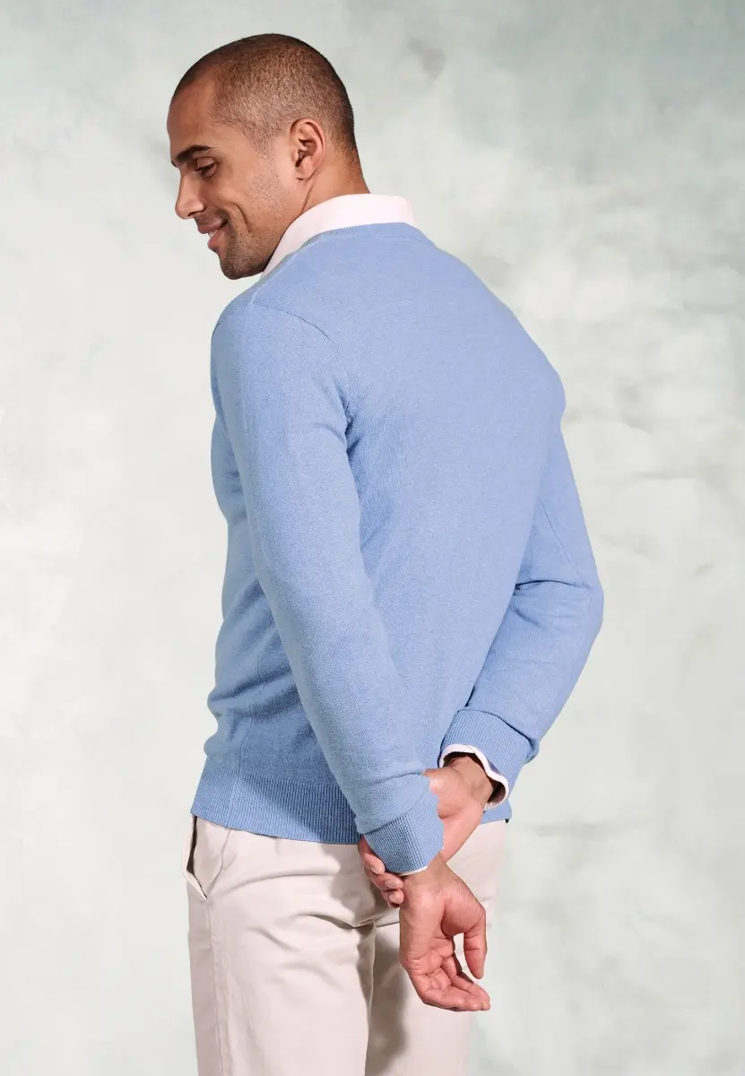 Berlin Sky Blue Cotton Merino V-Neck Jumper - Image 2