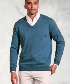 Berlin Teal Cotton Merino V-Neck Jumper