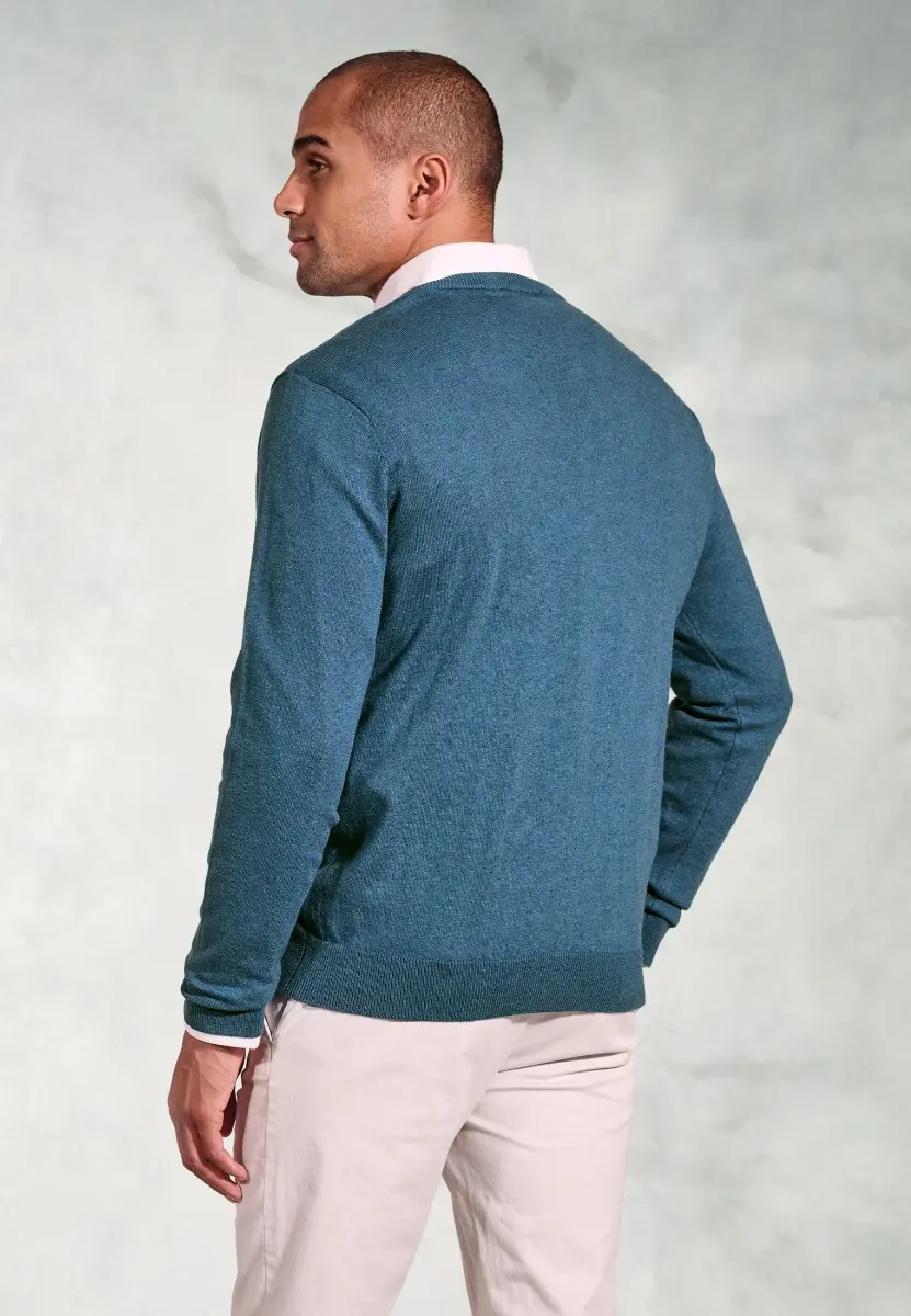 Berlin Teal Cotton Merino V-Neck Jumper - Image 2