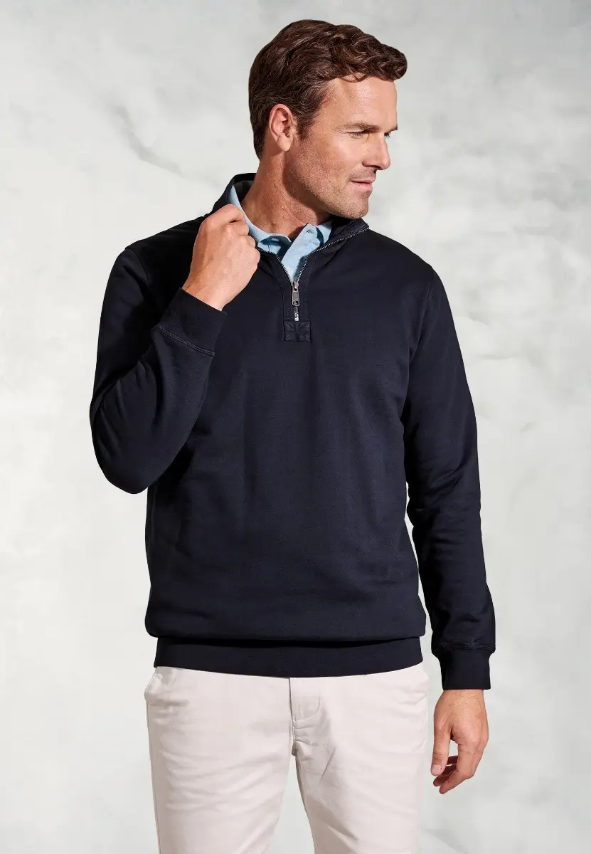 Brolin Navy Garment Dyed Zip Neck Sweatshirt