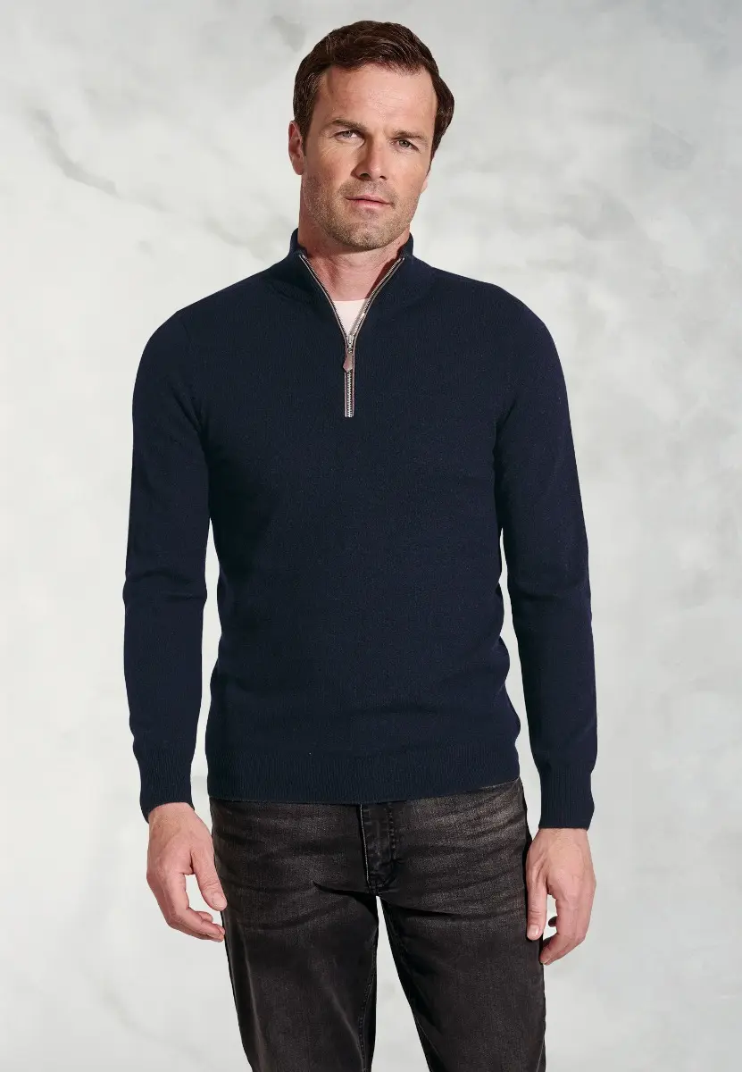 Navy Cashmere Zip Neck Jumper