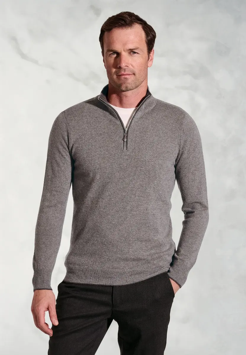 Taupe Cashmere Zip Neck Jumper