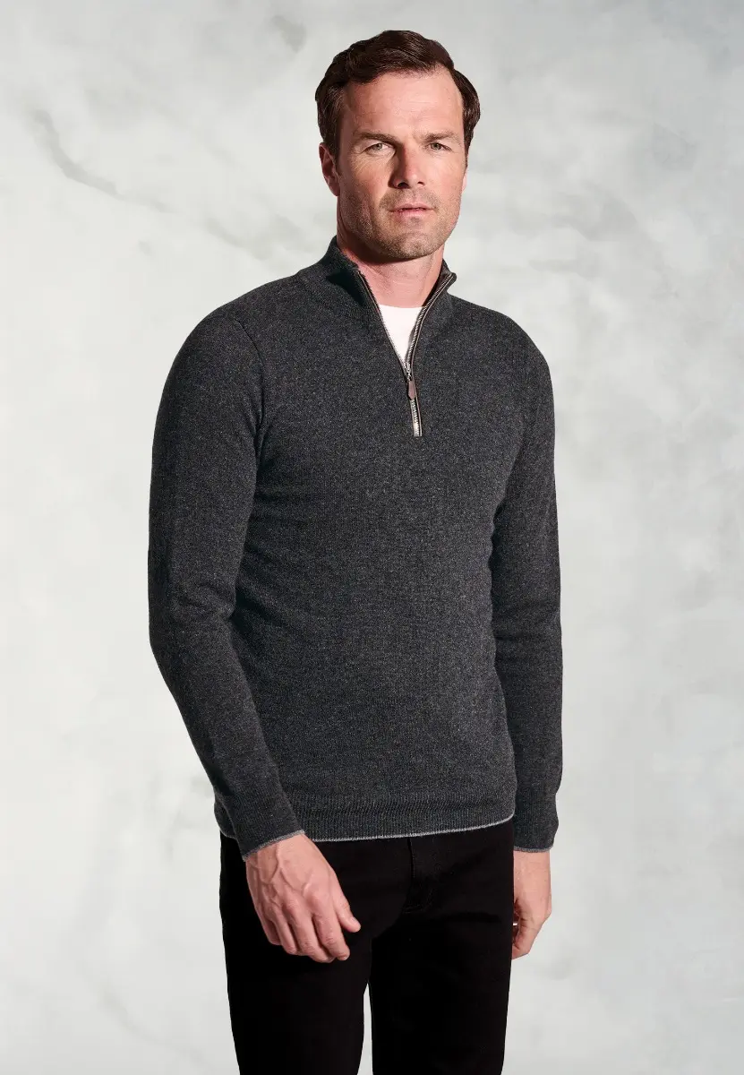 Charcoal Cashmere Zip Neck Jumper