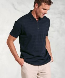 Chalamet Navy Popcorn Texture Stripe Zip Neck Polo Shirt
