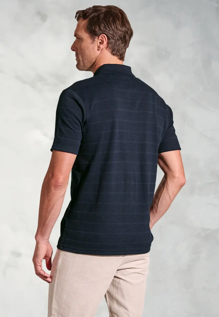 Chalamet Navy Popcorn Texture Stripe Zip Neck Polo Shirt - Image 2