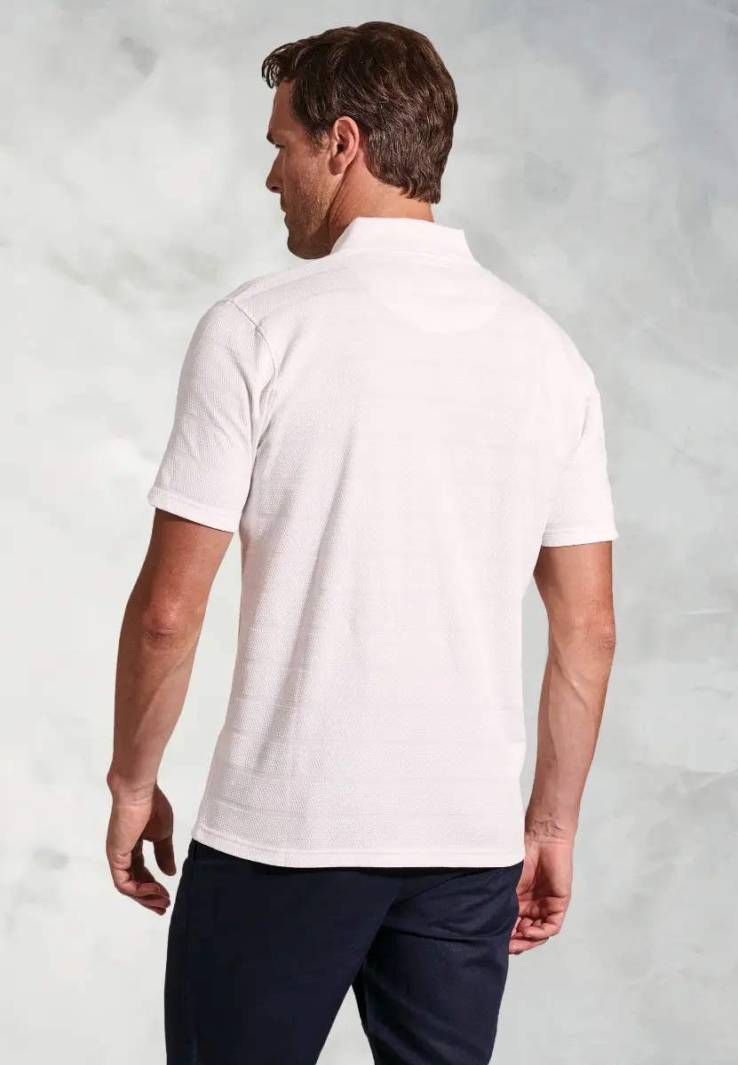 Chalamet White Popcorn Texture Stripe Zip Neck Polo Shirt - Image 2
