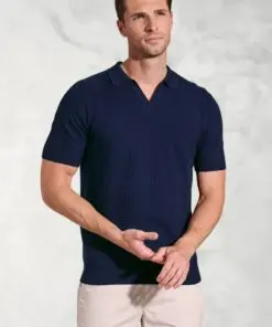 Clift Navy Notch Neck Leno Knit Cotton Polo Shirt