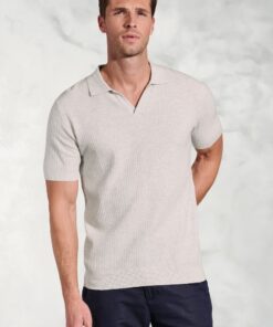 Clift Grey Notch Neck Leno Knit Cotton Polo Shirt