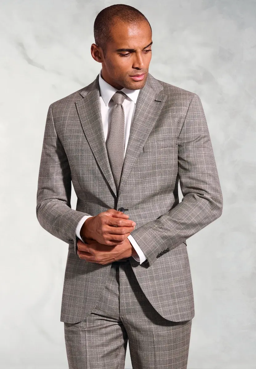Tailored Fit Coltrane Chestnut Brown POW Check British Pure New Wool Suit Jacket