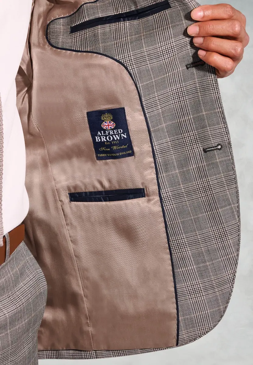Tailored Fit Coltrane Chestnut Brown POW Check British Pure New Wool Suit Jacket - Image 2