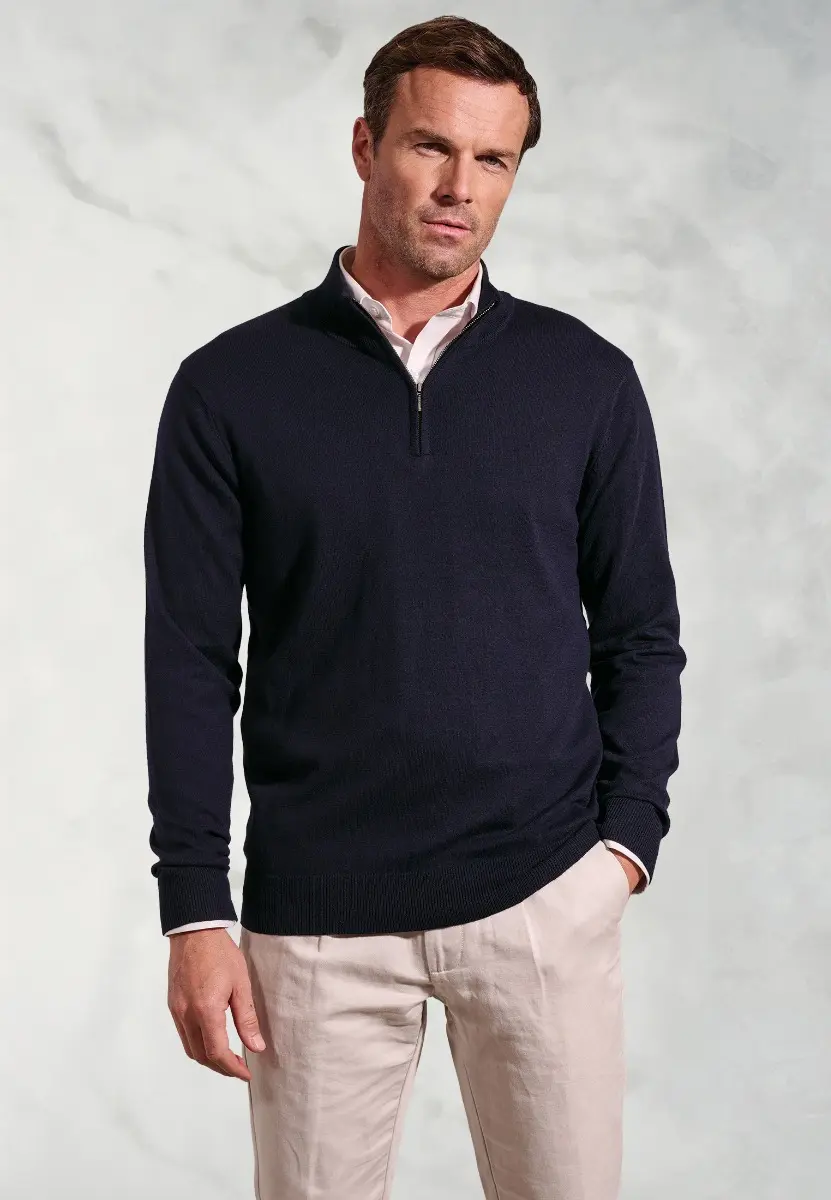 Copenhagen Navy Cotton Merino Zip Neck Jumper