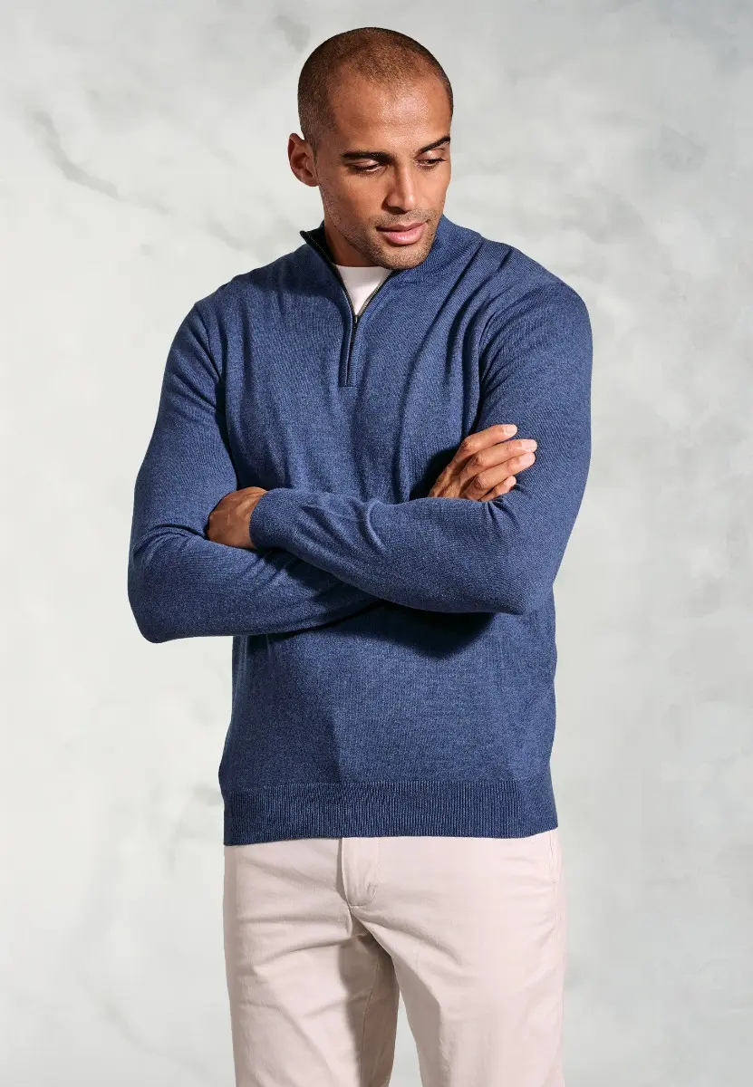 Copenhagen Denim Blue Cotton Merino Zip Neck Jumper