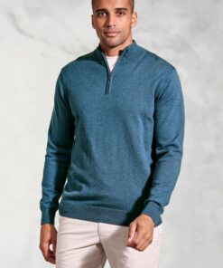Copenhagen Teal Cotton Merino Zip Neck Jumper