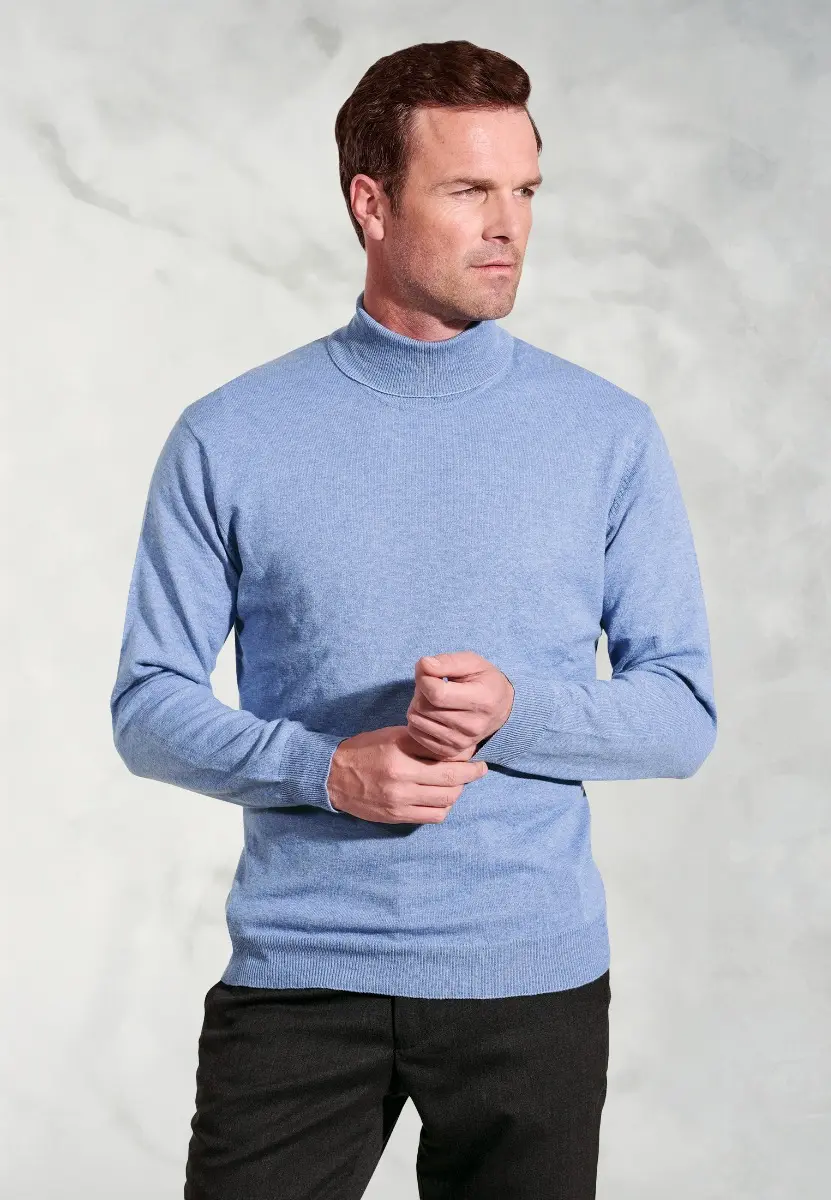 Cornwall Sky Blue Cotton Merino Roll Neck Jumper
