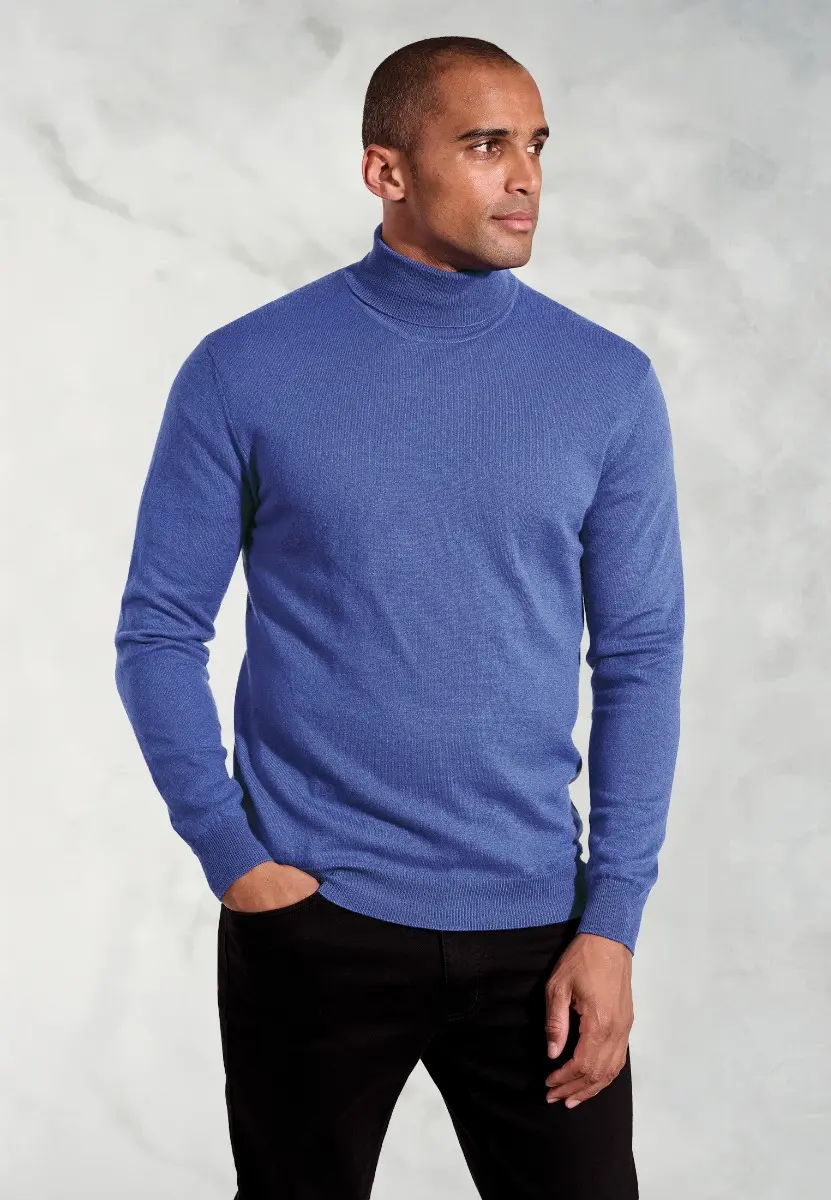 Cornwall Electric Blue Cotton Merino Roll Neck Jumper