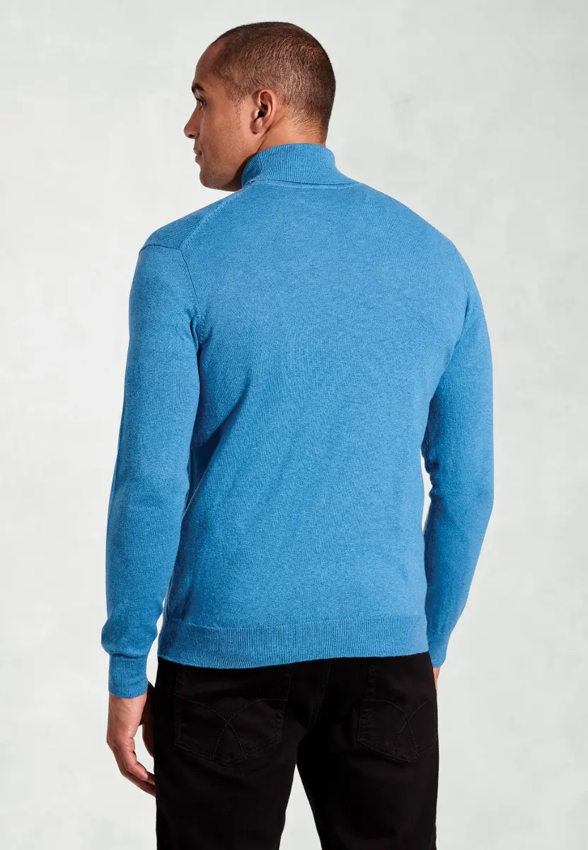 Cornwall Sea Blue Cotton Merino Roll Neck Jumper - Image 2