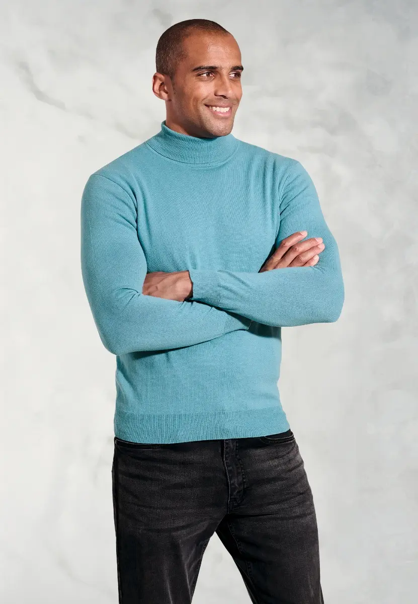 Cornwall Aqua Cotton Merino Roll Neck Jumper