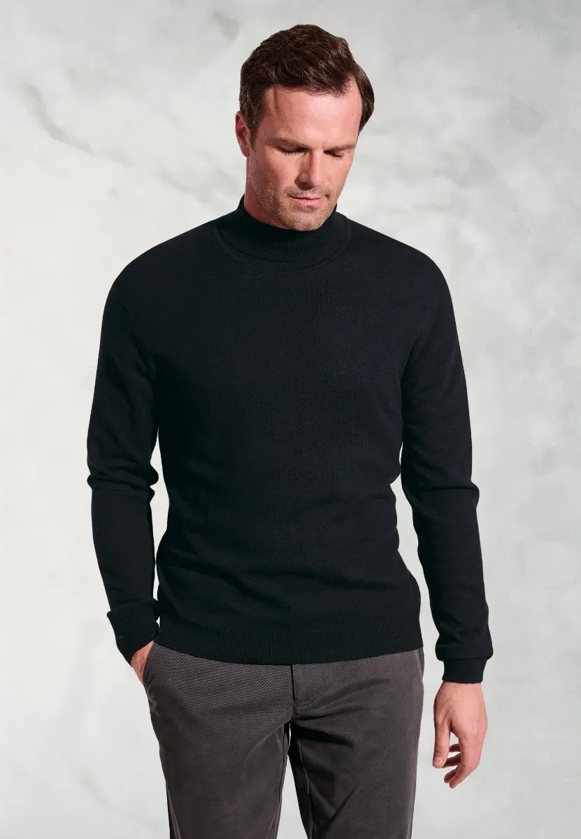 Cornwall Black Cotton Merino Roll Neck Jumper