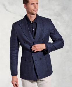 Tailored Fit Costner Navy Pure Linen Double Breasted Jacket