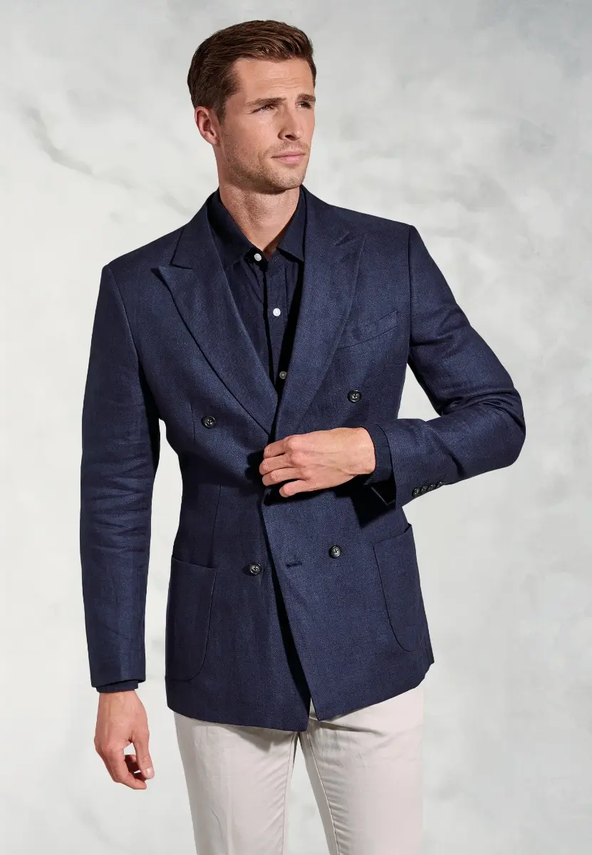 Tailored Fit Costner Navy Pure Linen Double Breasted Jacket