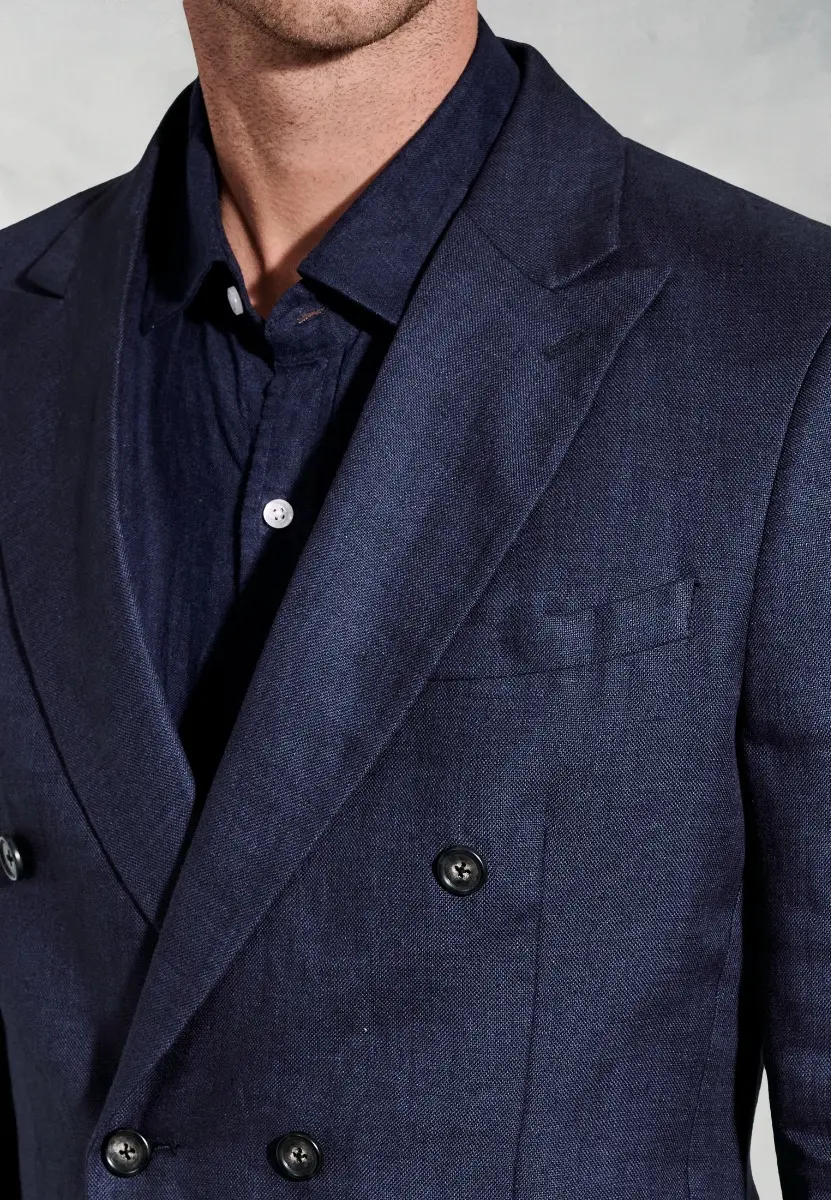 Tailored Fit Costner Navy Pure Linen Double Breasted Jacket - Image 2