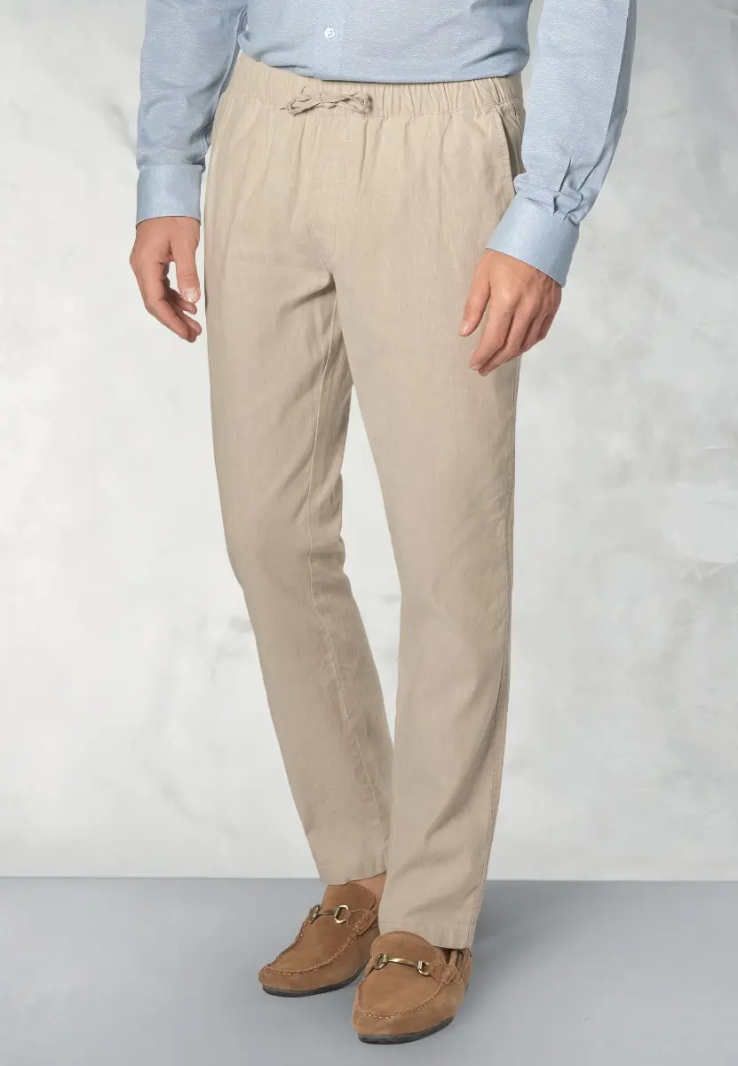 Regular Fit Cowdrey Stone Linen Cotton Stretch Drawcord Trouser