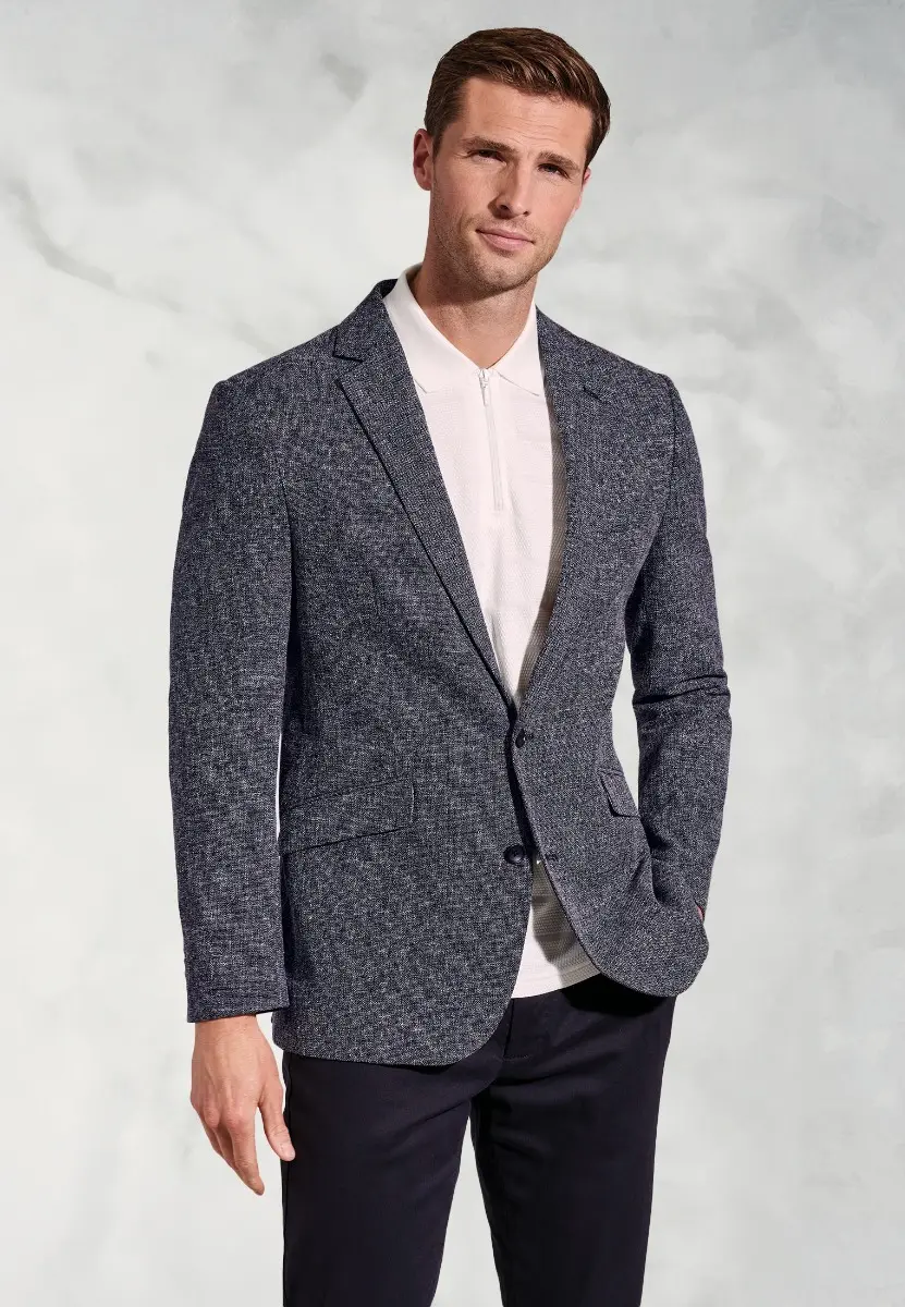 Tailored Fit Dafoe Navy Textured Cotton Linen Jacket