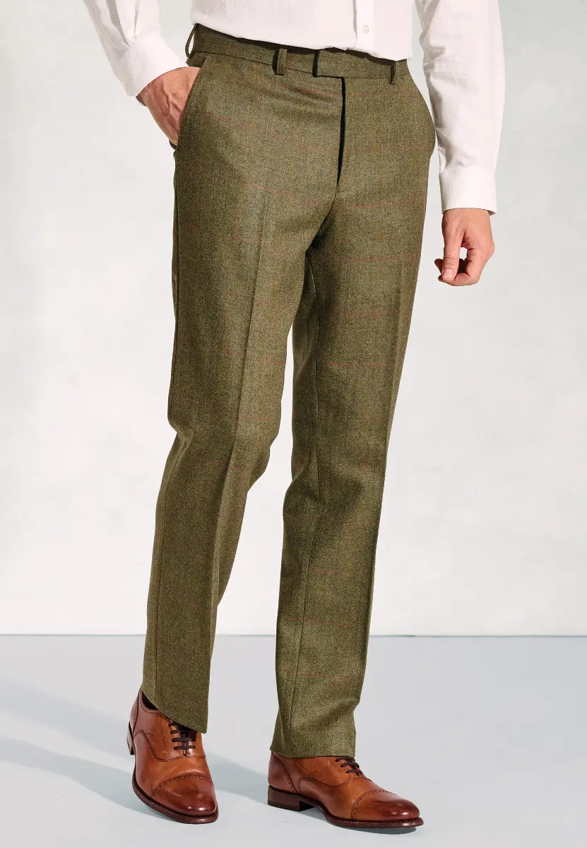 Regular Fit Dalton Olive Check Wool Suit Trouser