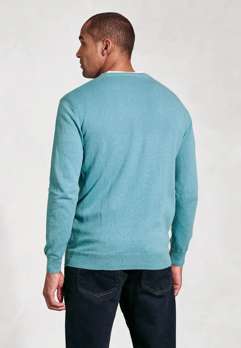 Devon Aqua Cotton Merino Crew Neck Jumper - Image 2
