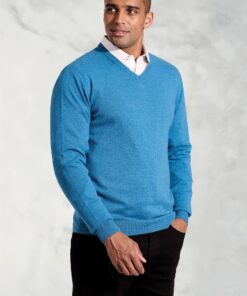 Dorset Sea Blue Cotton Merino V-Neck Jumper