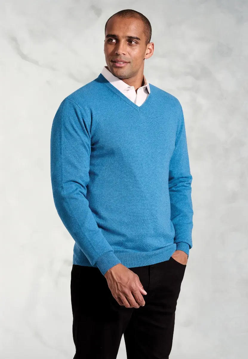 Dorset Sea Blue Cotton Merino V-Neck Jumper