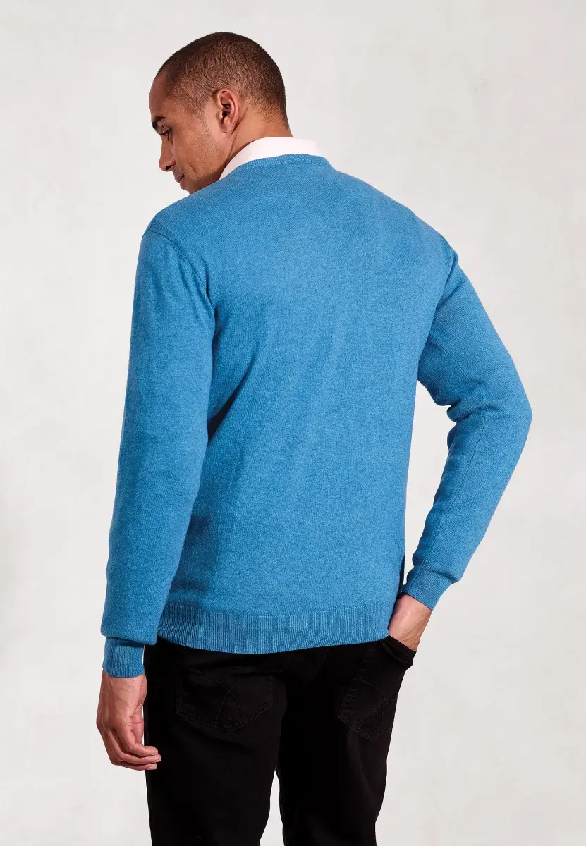 Dorset Sea Blue Cotton Merino V-Neck Jumper - Image 2