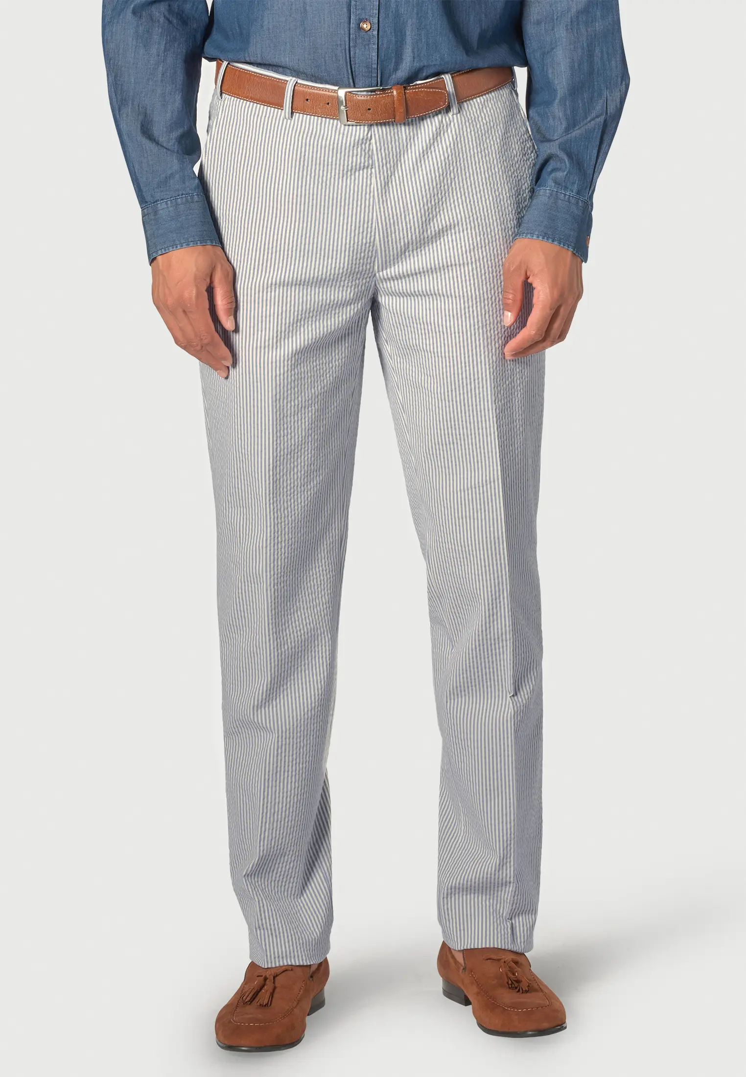 Tailored Fit Drewett Blue Stripe Cotton Stretch Seersucker Suit Trousers