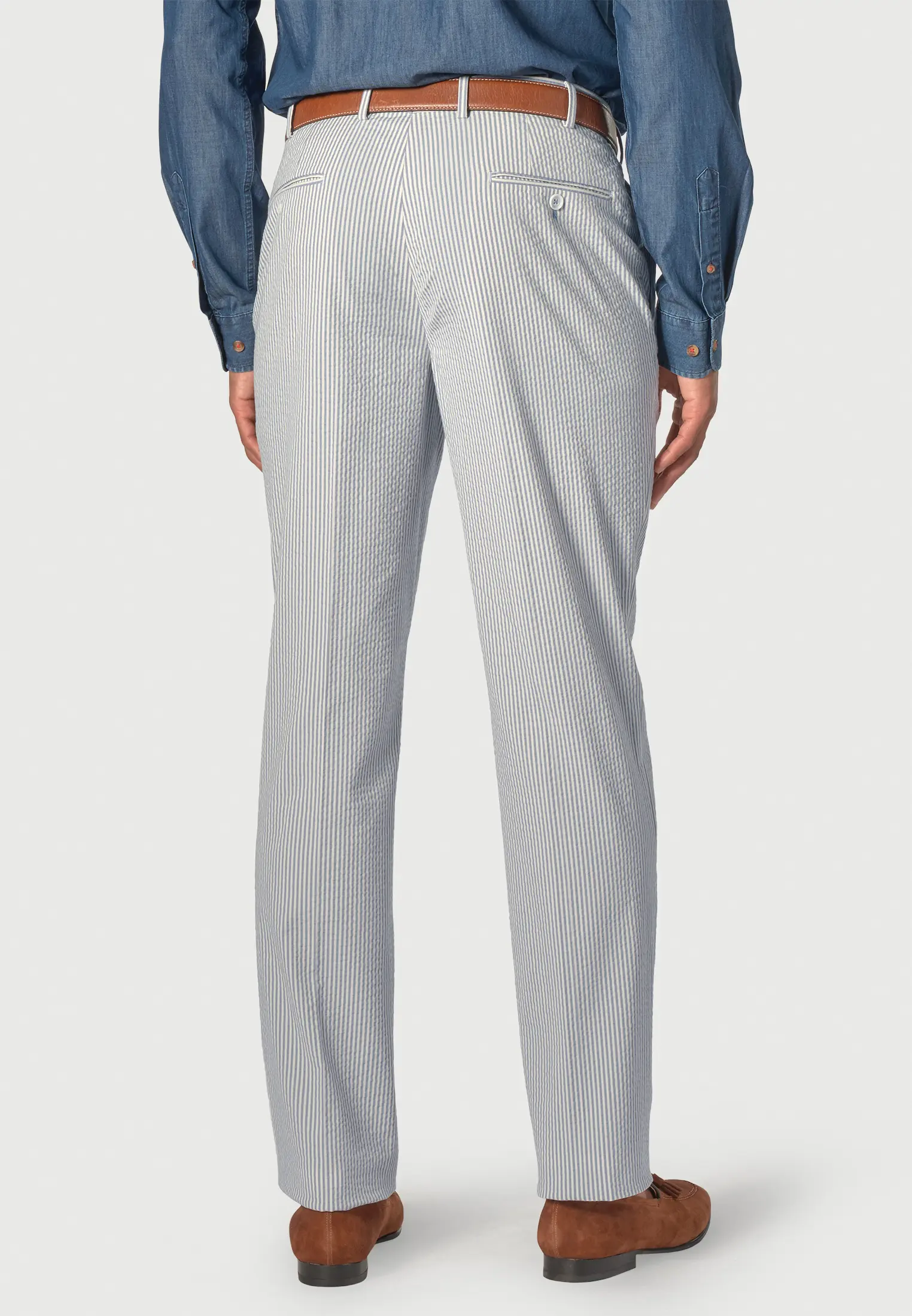 Tailored Fit Drewett Blue Stripe Cotton Stretch Seersucker Suit Trousers - Image 2