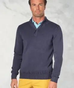 Edmonds Navy Washed Cotton Zip Neck Jumper