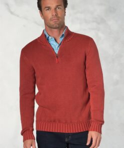 Edmonds Red Washed Cotton Zip Neck Jumper