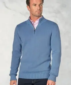 Edmonds Blue Washed Cotton Zip Neck Jumper