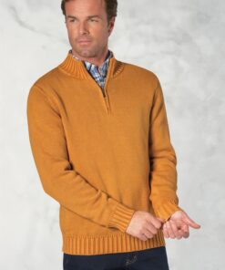 Edmonds Mustard Washed Cotton Zip Neck Jumper