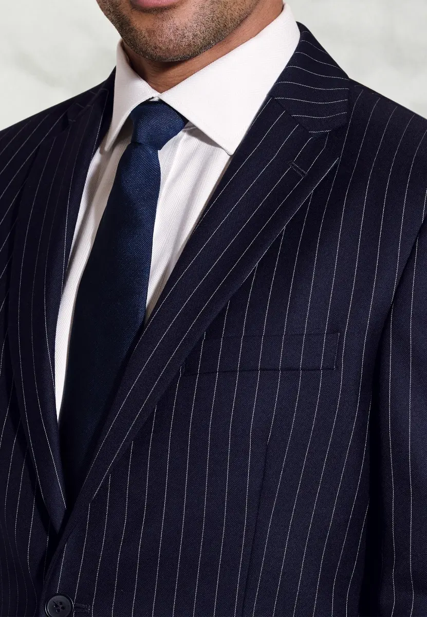Regular Fit Epsom Navy Pinstripe Wool Suit Jacket - Image 2