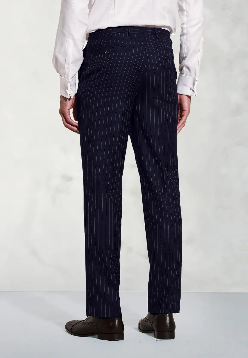 Regular Fit Epsom Navy Pinstripe Wool Suit Trousers - Image 2