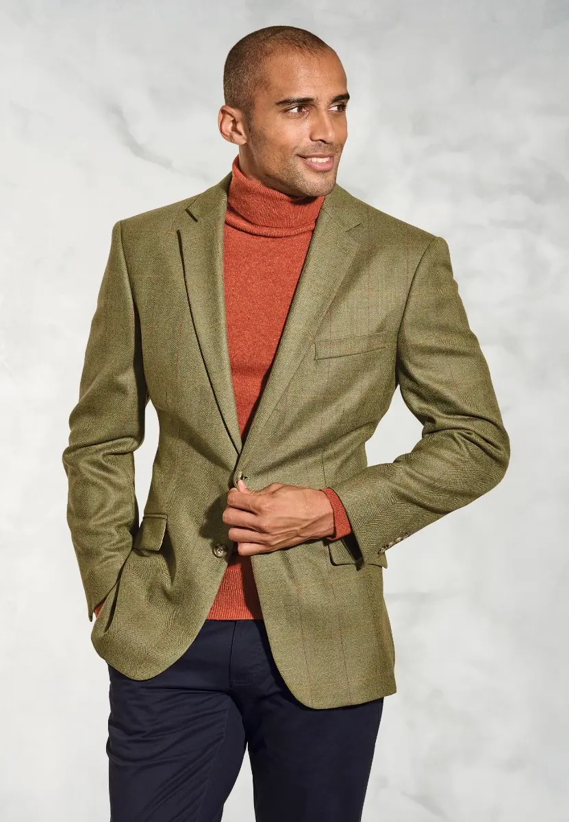 Regular Fit Helsinki Olive Check Pure New Wool Tweed Jacket