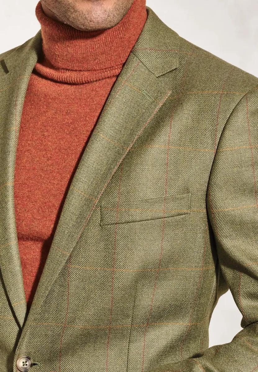 Regular Fit Helsinki Olive Check Pure New Wool Tweed Jacket - Image 2